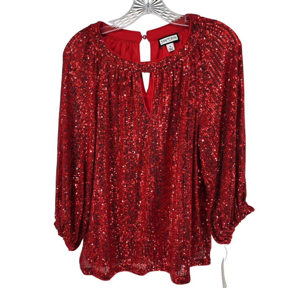 Sam and Jess Red Sequin Keyhole Blouse Three-Quarter Sleeve Holiday Top Medium